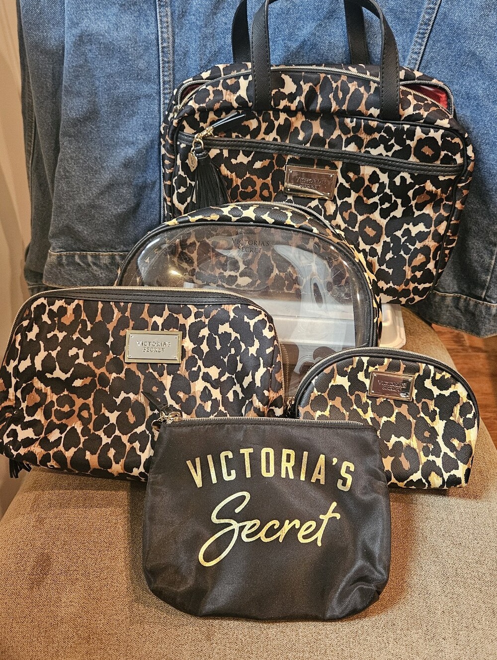 Victoria's Secret Leopard Print Cosmetic Bag Set - Black, Brown & Gold Accents
